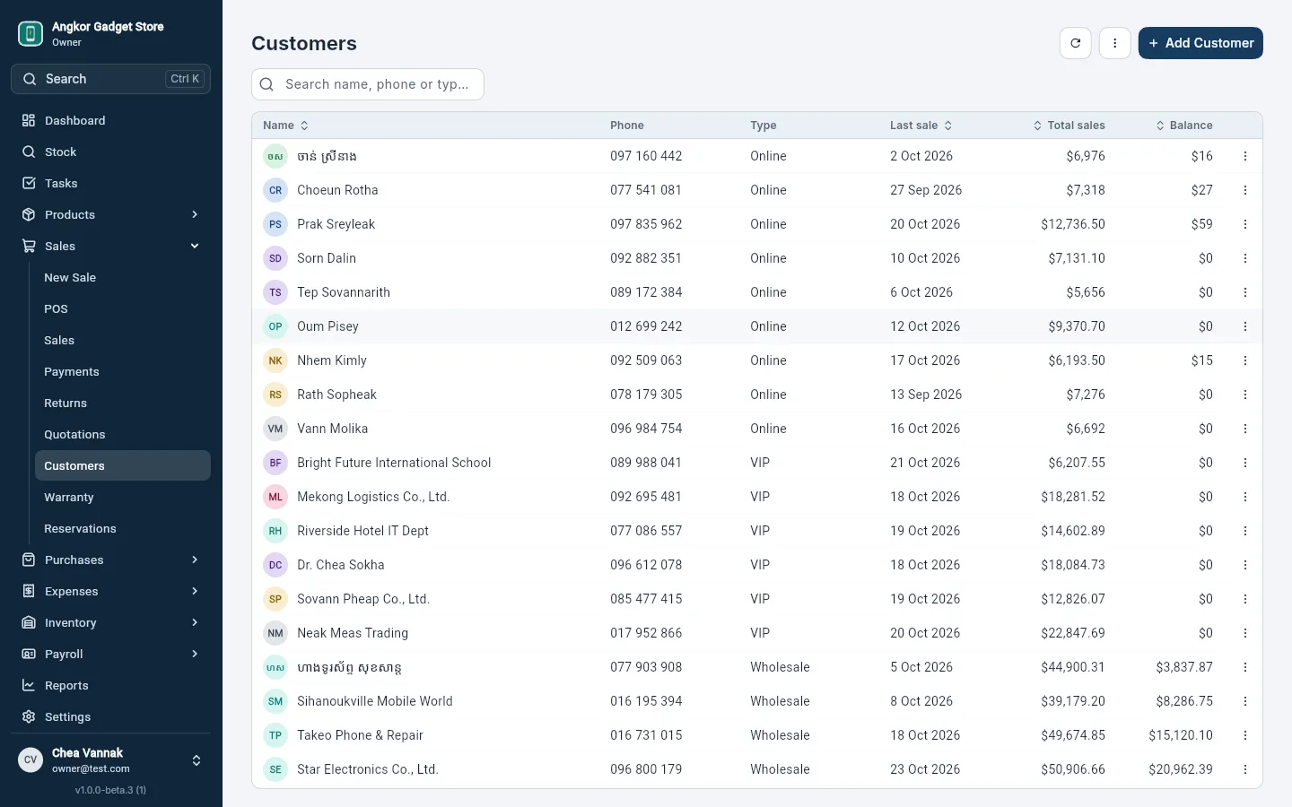 A customer page in Invoicery